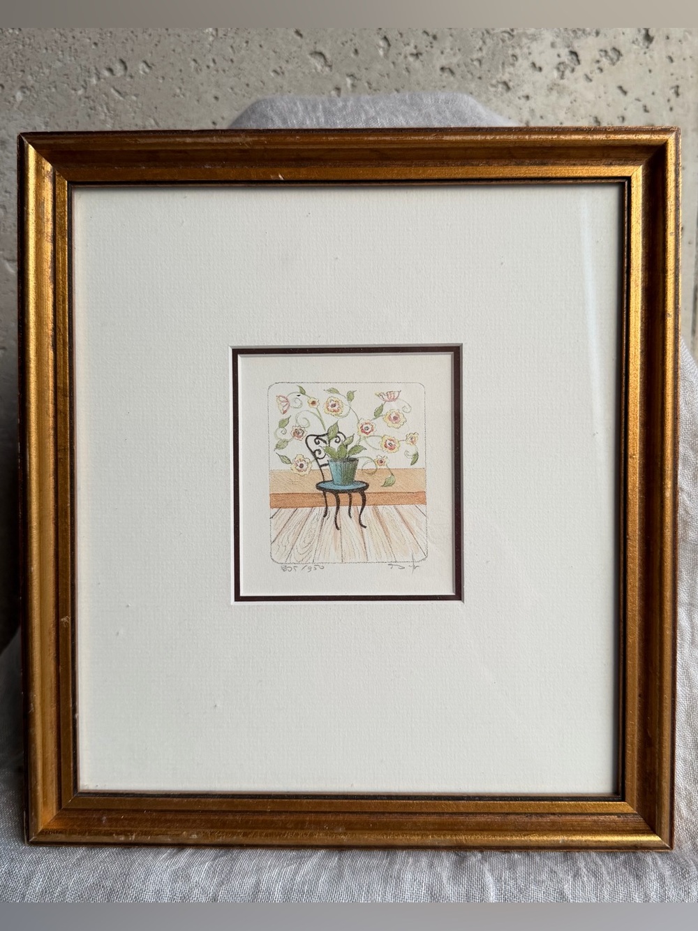 Framed Botanical Chair Print in Gold Frame signed A.Buffe